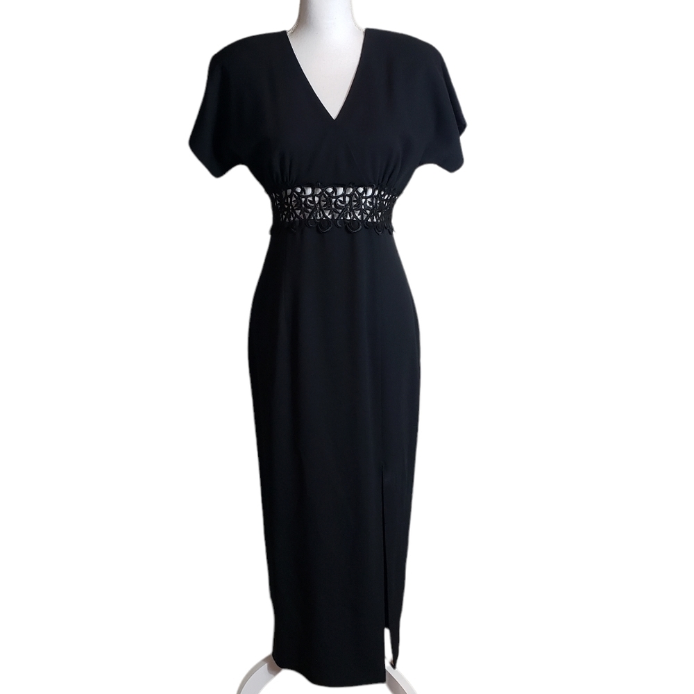 Vintage Black Maxi Dress Size 6 Embroidered Sheer Cut-Out Waist Front Slit 80s